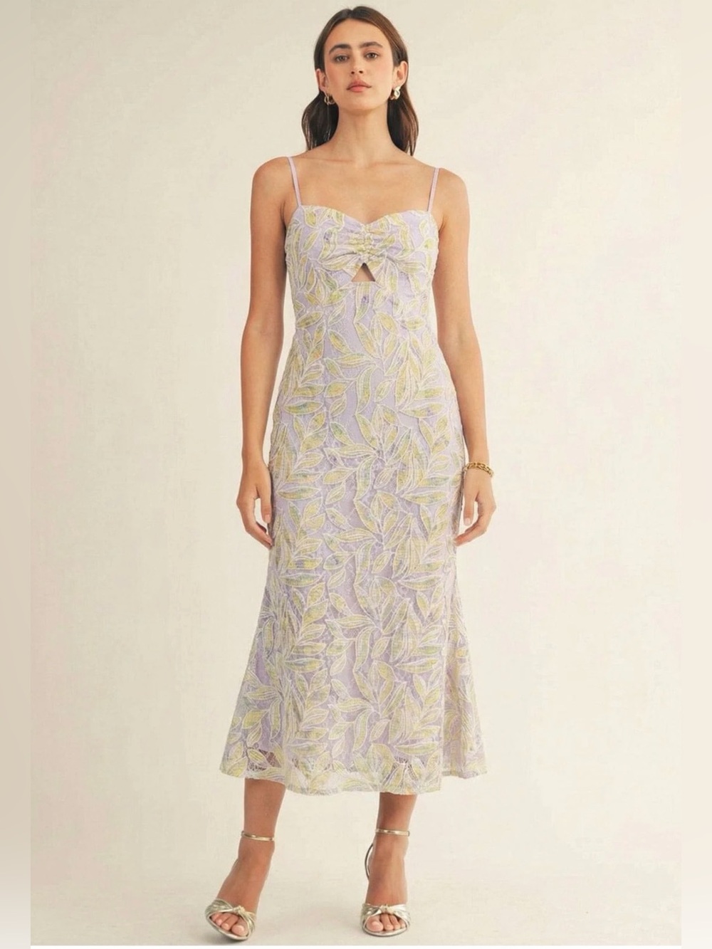 Lilac Leaf-Print Spaghetti Strap Midi Dress